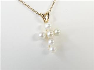 14K Yellow Gold 3mm White Pearl Cross Pendant